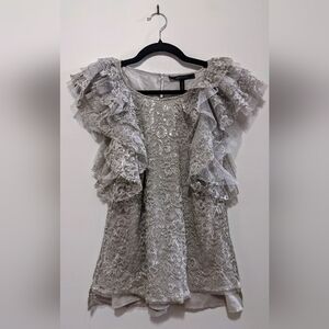 BCBGMaxAzria Silver Metallic Short Sleeve Lace Ruffle Holiday Festive Bl…